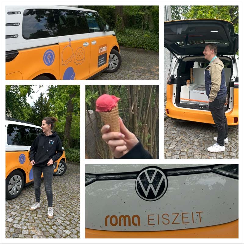 roma Eiszeit - VW Bus der Firma roma mit Mitarbeitern